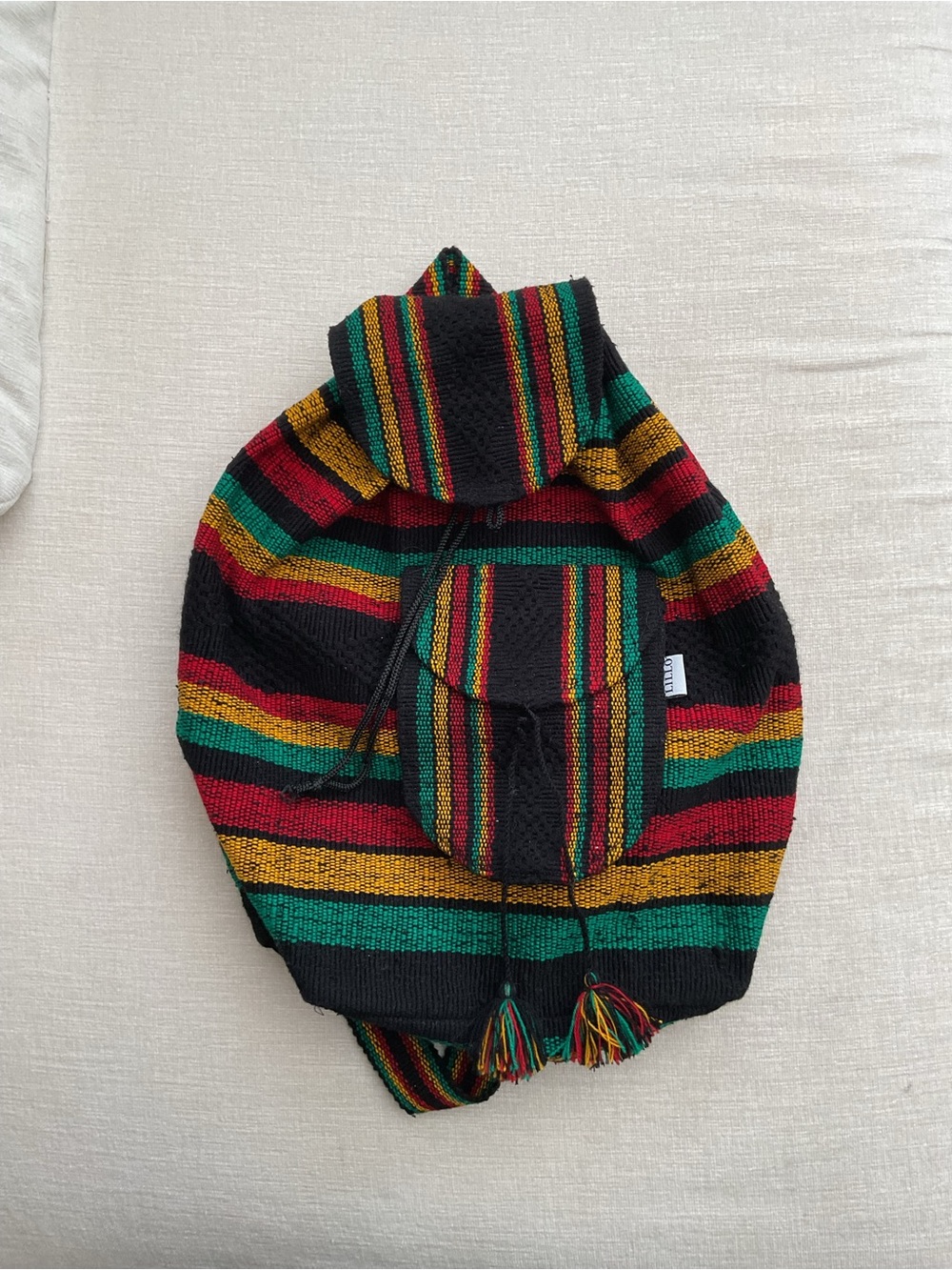 Handwoven Striped Hooded Backpack - Black with Red, Green & Gold